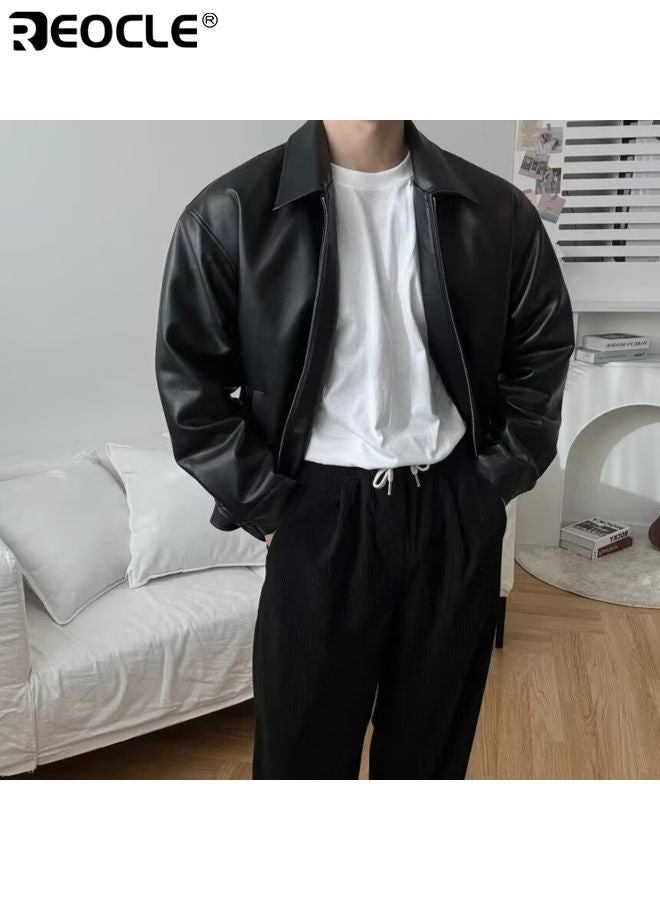 ريوكل جاكيت جلد صناعي للرجال مع طوق قائم وسحاب أمامي بأسلوب الدراجات النارية بتصميم عتيق لخفة الوزن في الملابس الخارجية - Image 2