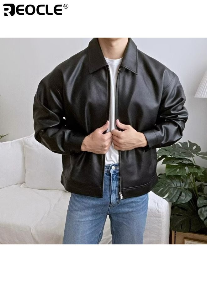 ريوكل جاكيت جلد صناعي للرجال مع طوق قائم وسحاب أمامي بأسلوب الدراجات النارية بتصميم عتيق لخفة الوزن في الملابس الخارجية - Image 4
