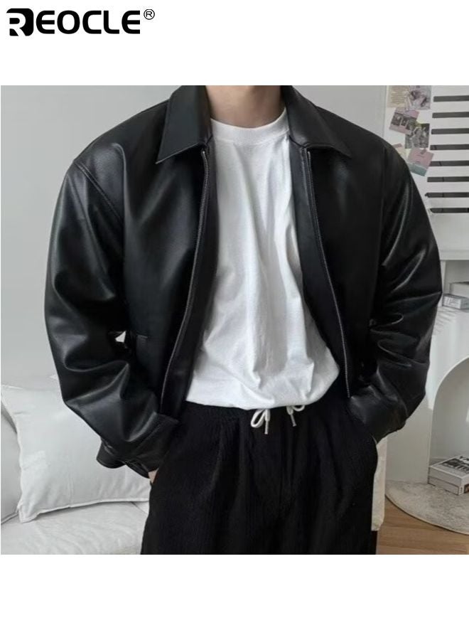 ريوكل جاكيت جلد صناعي للرجال مع طوق قائم وسحاب أمامي بأسلوب الدراجات النارية بتصميم عتيق لخفة الوزن في الملابس الخارجية - Image 5