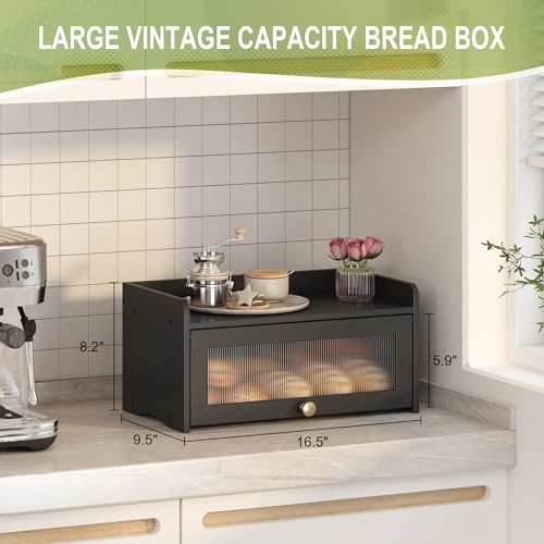 JANSNIMEN Vintage Bread Box for Kitchen Countertop, Bread Container Storage, Wooden Farmhouse Bread Box with Window Bread Holder (Vintage Black) - Image 2