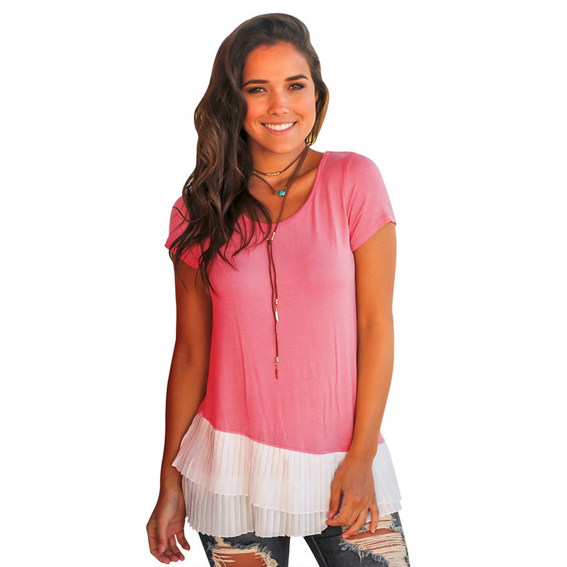 Spot! K8591 Selling Round Neck Short Sleeve Chiffon Laminated Bottom 6 Colors - Image 4