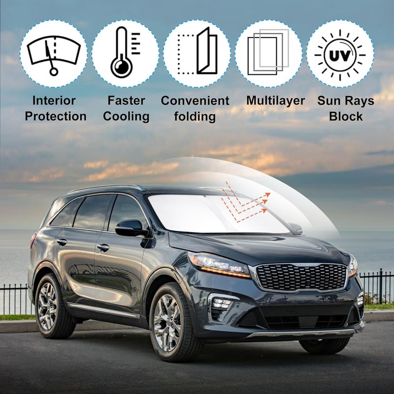 إل إتش إف لايف واقي شمس الزجاج الأمامي مخصص لسيارة Kia Sorento موديلات 2016 2017 2018 2019 2020، إكسسوارات قابلة للطي، حاجب شمس، يحمي السيارة من أشعة الشمس وأضرار الحرارة، يحافظ على برودة السيارة - Image 2
