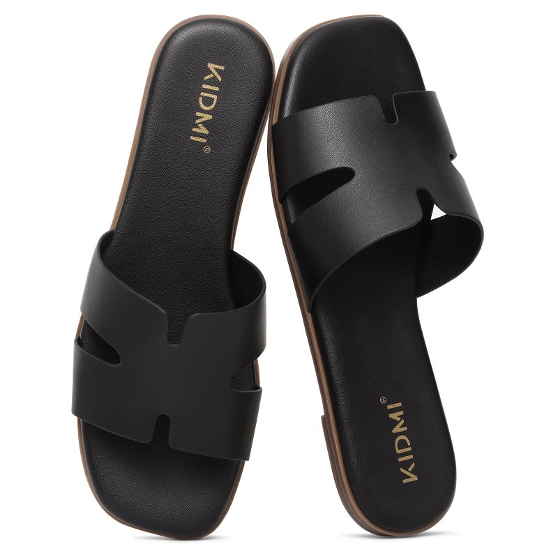 KIDMI Women's Dressy Flat Sandals, Comfortable Slip On Summer Slides, Fashion Open Toe Casual Sandals, Black 8 - Image 1