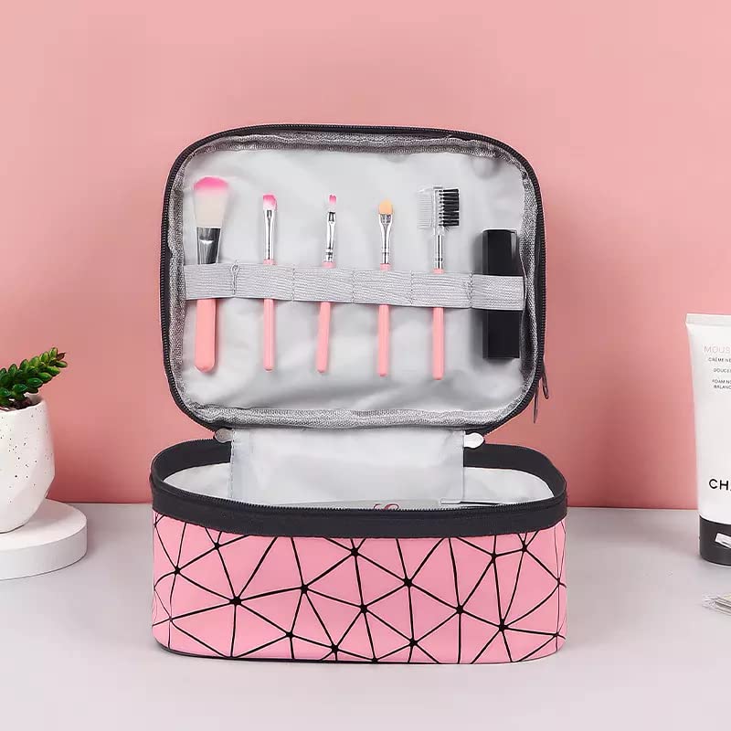 VALAMJI Double Layer Makeup Bags Cosmetic Cases Make up Organizer Toiletry Bags Clear Makeup Organizer Travel Makeup Bag for Women Pink  1PCS - Image 2