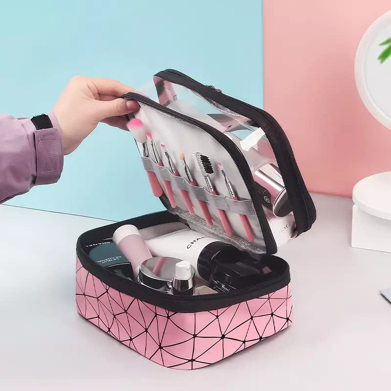 VALAMJI Double Layer Makeup Bags Cosmetic Cases Make up Organizer Toiletry Bags Clear Makeup Organizer Travel Makeup Bag for Women Pink  1PCS - Image 3