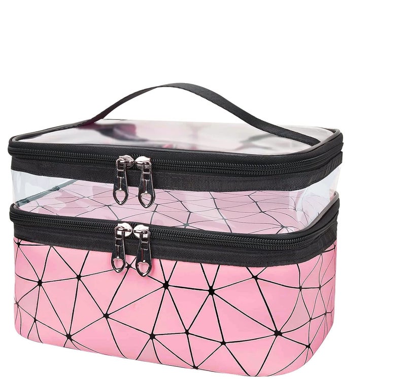 VALAMJI Double Layer Makeup Bags Cosmetic Cases Make up Organizer Toiletry Bags Clear Makeup Organizer Travel Makeup Bag for Women Pink  1PCS - Image 1
