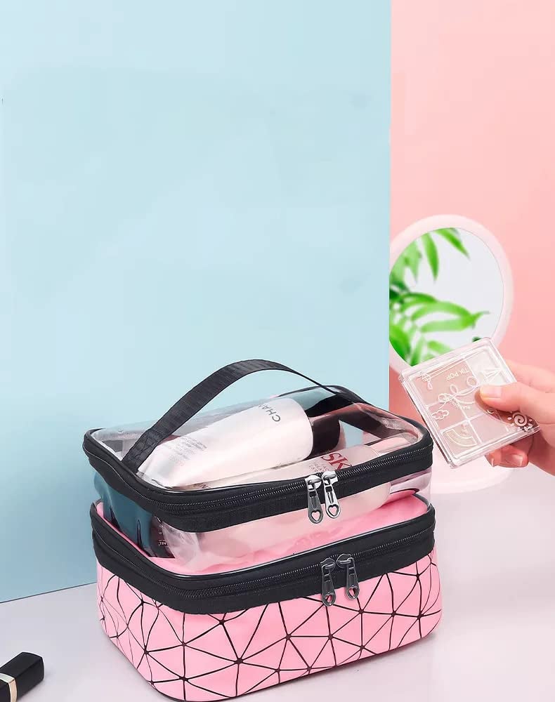 VALAMJI Double Layer Makeup Bags Cosmetic Cases Make up Organizer Toiletry Bags Clear Makeup Organizer Travel Makeup Bag for Women Pink  1PCS - Image 5