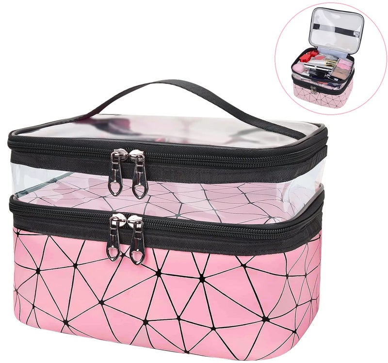 VALAMJI Double Layer Makeup Bags Cosmetic Cases Make up Organizer Toiletry Bags Clear Makeup Organizer Travel Makeup Bag for Women Pink  1PCS - Image 4