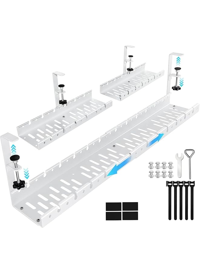 promass 21 IN Cable Management Under Desk, Extendable Desk Cable Management Tray, Metal Cable Management with Clamp, No Drilling & Glue Under Desk Wire Management Cord Organizer (White) - Image 1