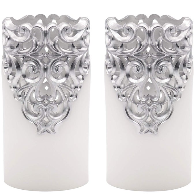 HOLLOW SILVER FLAMELESS FLICKERING CANDLES WITH 5H TIMER BATTERY OPERATED LED PILLAR CANDLES UNSCENTED WAX WARM LIGHT CHRISTMAS HOME DECORATIONSET OF 2 3 X 6 INCHES
