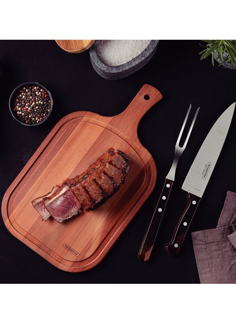 TRAMONTINA - Since 1911,Made in Brazil- Churrasco 3-Pieces Barbecue Carving Set with Stainless Steel Blades and Treated Brown Polywood Handles and Wood Cutting Board - Image 1