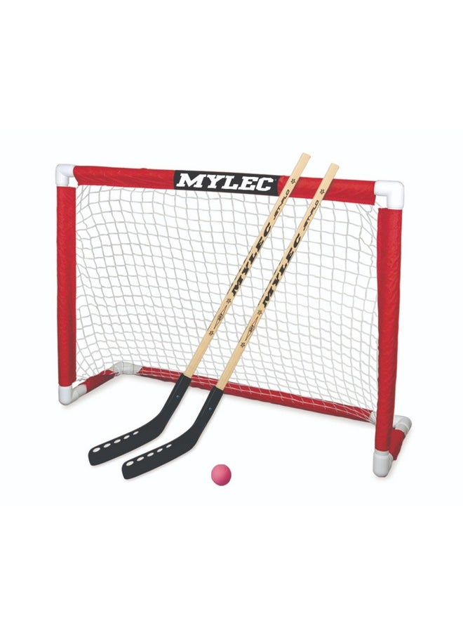 Mylec Deluxe Hockey Set, With 1 Hockey Goal, 2 43" Hockey Sticks & 1 Soft Ball, Sleeve Netting System, Pvc Tubing Net, Lighweight & Durable, Enhanced Grip, Pre-Curved Mini Hockey Stick (Red/White)  - Image 1