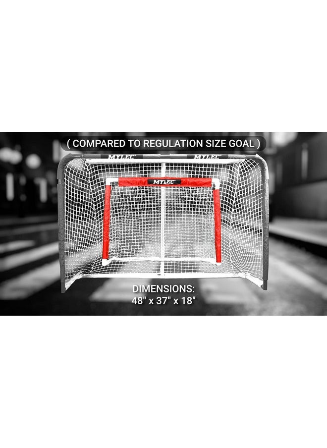 Mylec Deluxe Hockey Set, With 1 Hockey Goal, 2 43" Hockey Sticks & 1 Soft Ball, Sleeve Netting System, Pvc Tubing Net, Lighweight & Durable, Enhanced Grip, Pre-Curved Mini Hockey Stick (Red/White)  - Image 2