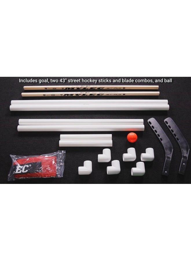 Mylec Deluxe Hockey Set, With 1 Hockey Goal, 2 43" Hockey Sticks & 1 Soft Ball, Sleeve Netting System, Pvc Tubing Net, Lighweight & Durable, Enhanced Grip, Pre-Curved Mini Hockey Stick (Red/White)  - Image 4