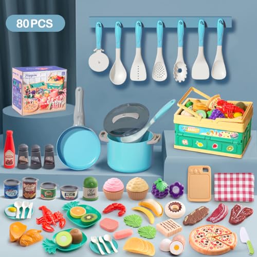 Funpynani 80Pcs Kitchen Playset Toddler Pretend Cooking with Pots Pans Cookware Food Picnic Blanket Fruits Veges Shopping Storage Basket Dessert Learning Gift for Girls Boys Turquoise - Image 5
