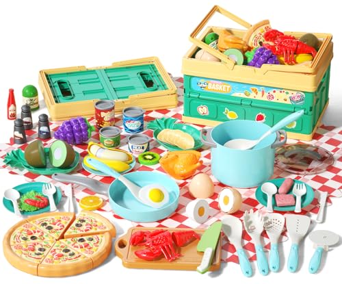 Funpynani 80Pcs Kitchen Playset Toddler Pretend Cooking with Pots Pans Cookware Food Picnic Blanket Fruits Veges Shopping Storage Basket Dessert Learning Gift for Girls Boys Turquoise - Image 1