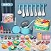 Funpynani 80Pcs Kitchen Playset Toddler Pretend Cooking with Pots Pans Cookware Food Picnic Blanket Fruits Veges Shopping Storage Basket Dessert Learning Gift for Girls Boys Turquoise - Image 4