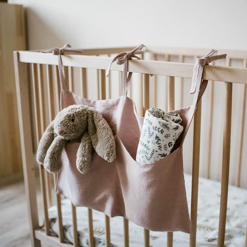 YeeMan Linen Baby Bedside Hanging Storage Bag,2 Pockets Organizer for Baby Cribs and Toys (Light Pink) - Image 2