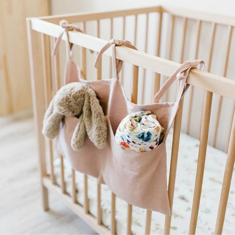 YeeMan Linen Baby Bedside Hanging Storage Bag,2 Pockets Organizer for Baby Cribs and Toys (Light Pink) - Image 1