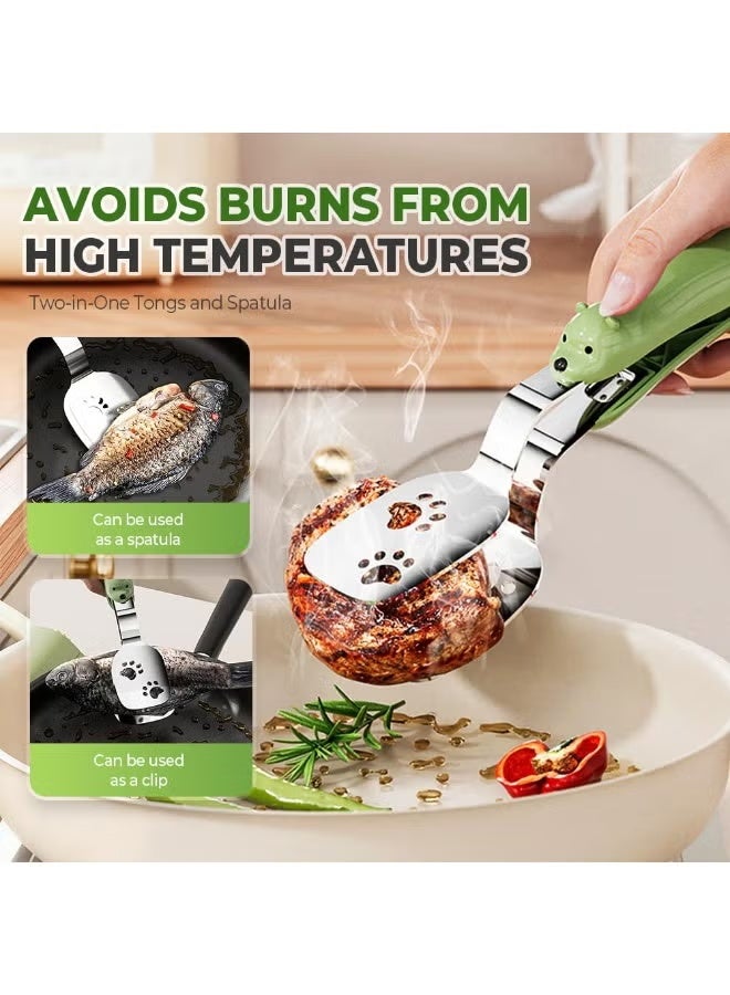 Yellow Stainless Steel Double Spatula Food Flipping Tongs For Steak Pancake Pizza - Image 5