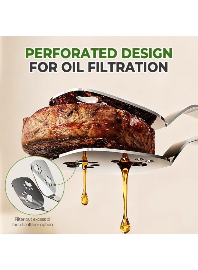Yellow Stainless Steel Double Spatula Food Flipping Tongs For Steak Pancake Pizza - Image 3