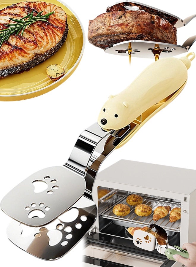 Yellow Stainless Steel Double Spatula Food Flipping Tongs For Steak Pancake Pizza - Image 1