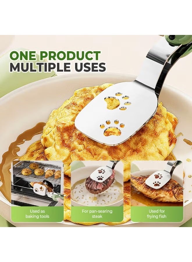Yellow Stainless Steel Double Spatula Food Flipping Tongs For Steak Pancake Pizza - Image 4
