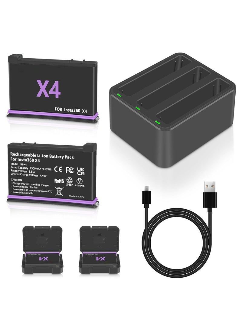 SOLARAE Insta360 X4 Battery Replacement Kit - 2 Packs of 2500mAh Batteries with Triple Fast Charger Hub, Compatible with Insta360 X4 Camera for Quick Charging Solutions. - Image 2