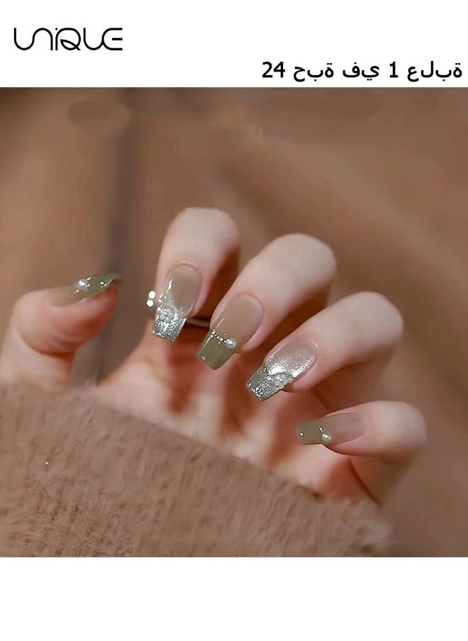 Unique - 24Pcs Fake Nails, Press Nails, Mid-Mid-length Ballet Manicure - Sheer Gradient Green Manicure - Shiny Pearl Manicure - Fake Nail Patch - Image 1
