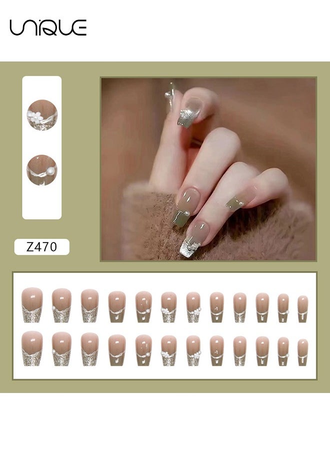 Unique - 24Pcs Fake Nails, Press Nails, Mid-Mid-length Ballet Manicure - Sheer Gradient Green Manicure - Shiny Pearl Manicure - Fake Nail Patch - Image 1