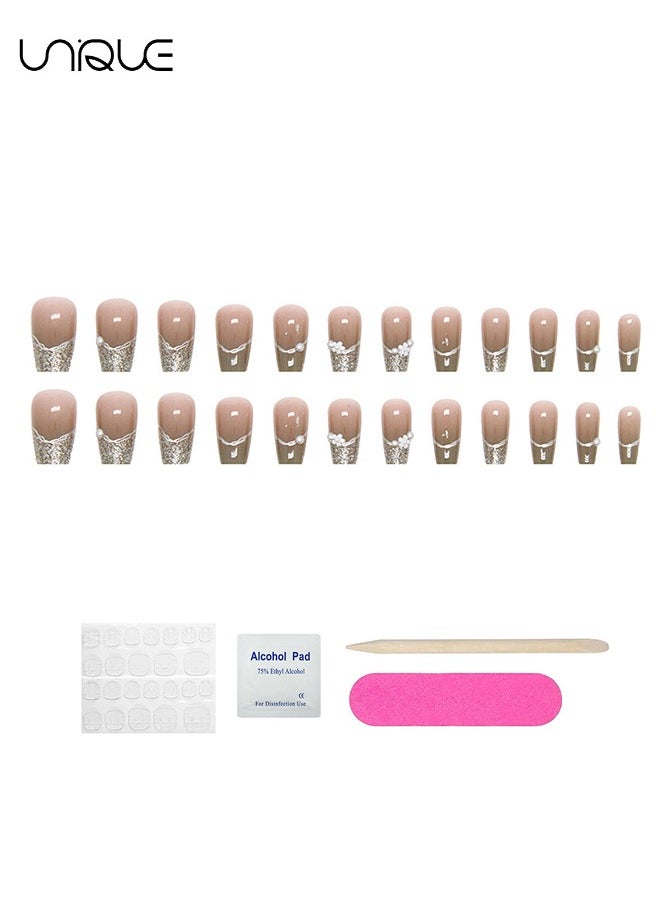 Unique - 24Pcs Fake Nails, Press Nails, Mid-Mid-length Ballet Manicure - Sheer Gradient Green Manicure - Shiny Pearl Manicure - Fake Nail Patch - Image 1