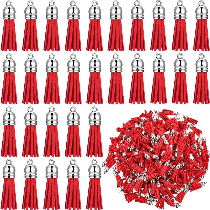 Syhood 200 Pieces Keychain Tassels Faux Suede Leather Tassel Pendants Keychain Decoration Tassels with Loop for DIY Crafts Making Supplies Red