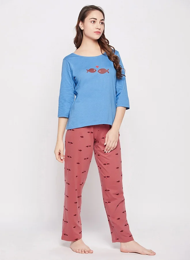 Clovia Clovia Fish Print Top in Sky Blue & Pyjama in Maroon - 100% Cotton