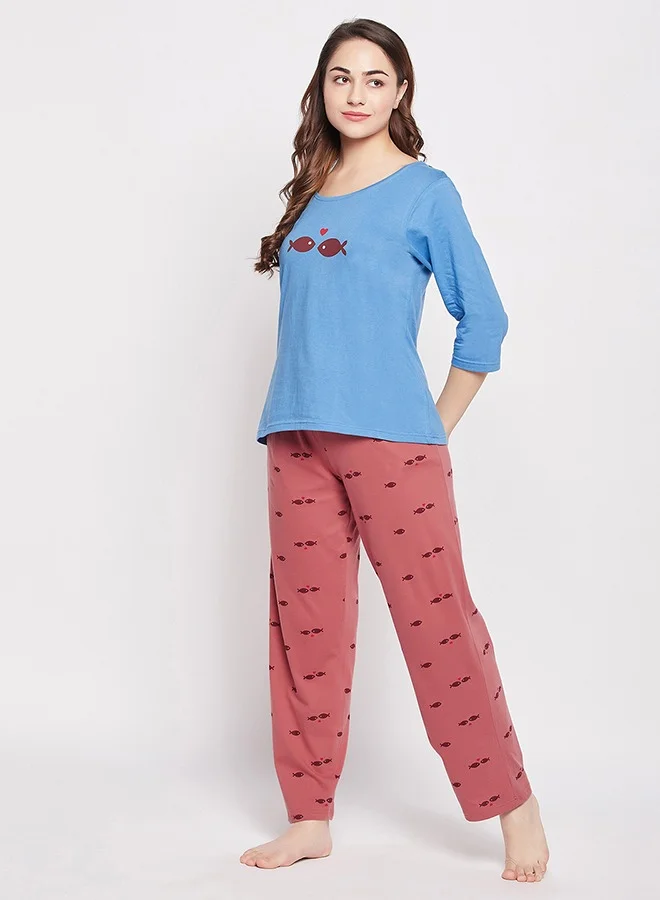 Clovia Clovia Fish Print Top in Sky Blue & Pyjama in Maroon - 100% Cotton