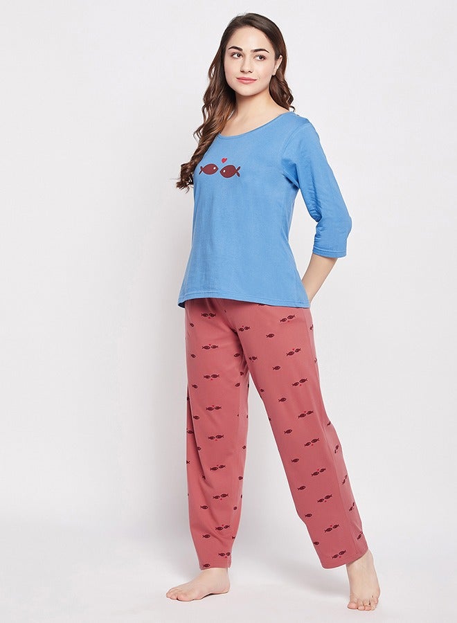 Clovia Fish Print Top in Sky Blue & Pyjama in Maroon - 100% Cotton - Image 4