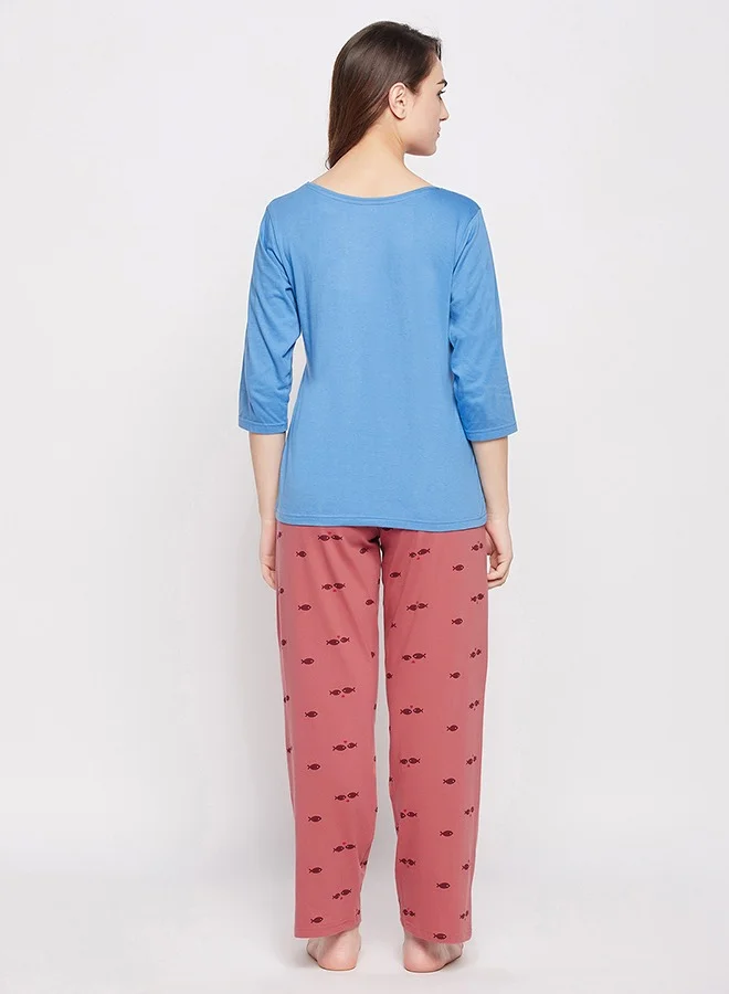 Clovia Clovia Fish Print Top in Sky Blue & Pyjama in Maroon - 100% Cotton