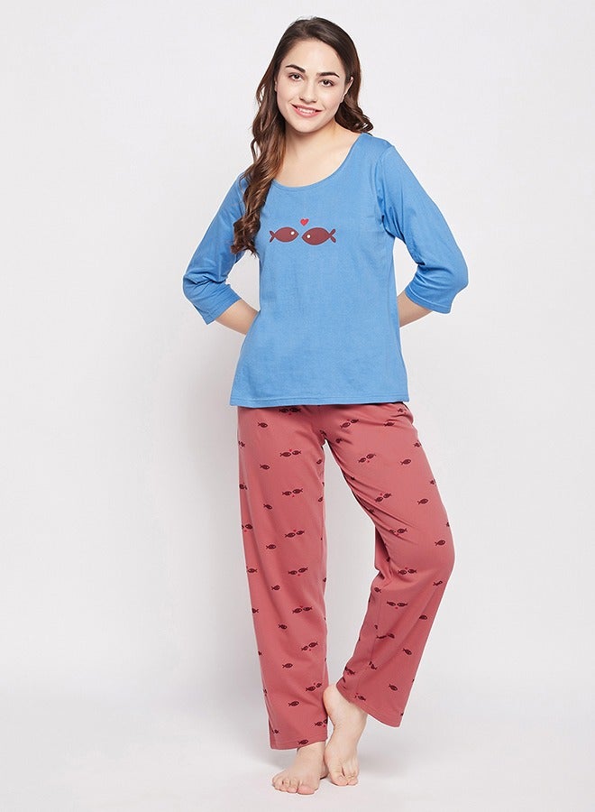 Clovia Fish Print Top in Sky Blue & Pyjama in Maroon - 100% Cotton - Image 3