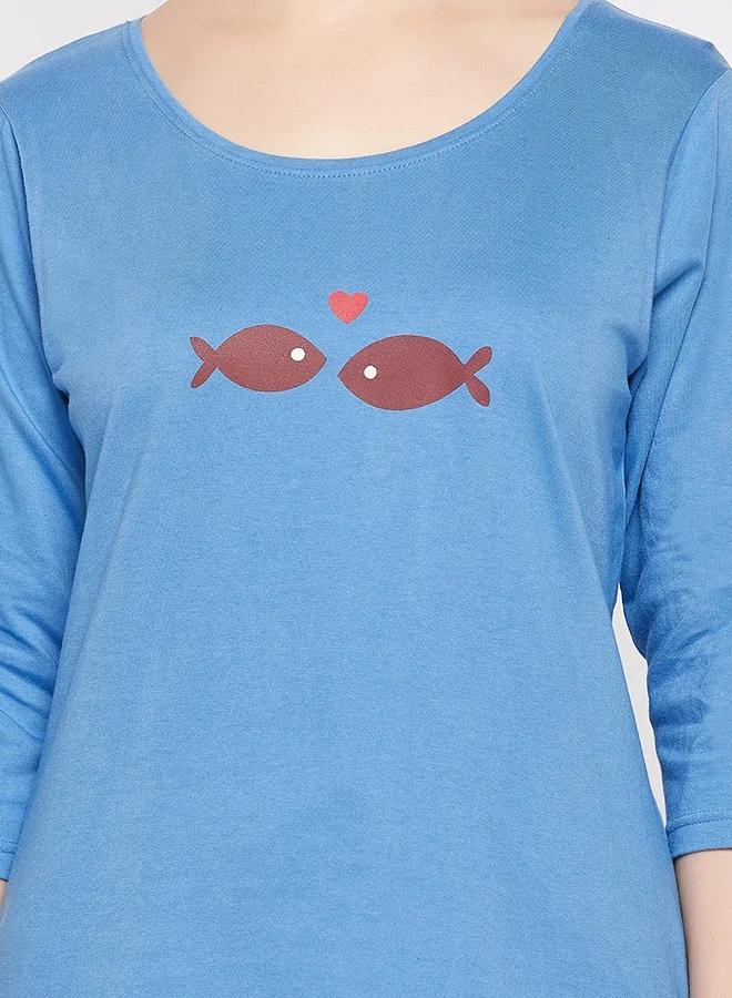 Clovia Clovia Fish Print Top in Sky Blue & Pyjama in Maroon - 100% Cotton