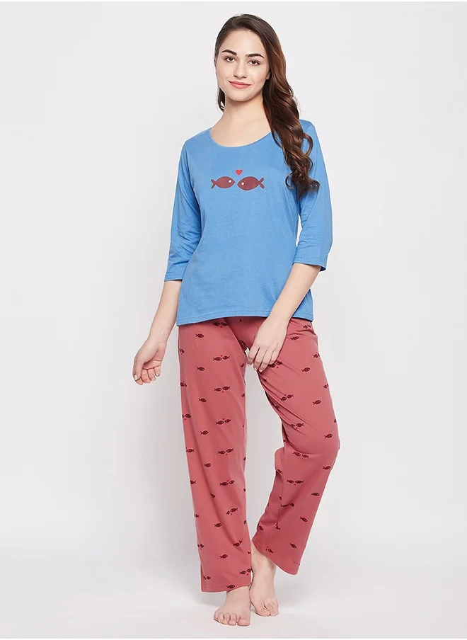 Clovia Clovia Fish Print Top in Sky Blue & Pyjama in Maroon - 100% Cotton