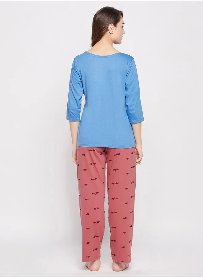 كلوفيا Clovia Fish Print Top in Sky Blue & Pyjama in Maroon - 100% Cotton