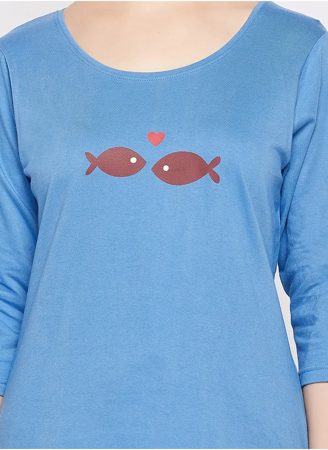 كلوفيا Clovia Fish Print Top in Sky Blue & Pyjama in Maroon - 100% Cotton