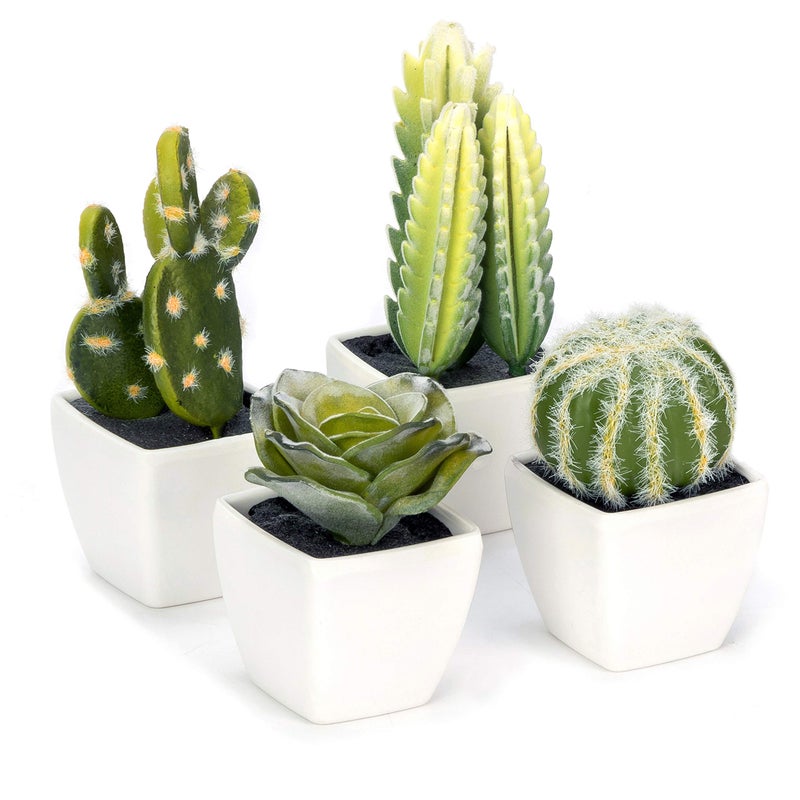 Nattol Artificial Mini Succulent Cactus Plants in White CubeShaped Pots for Home Decor Set of 4