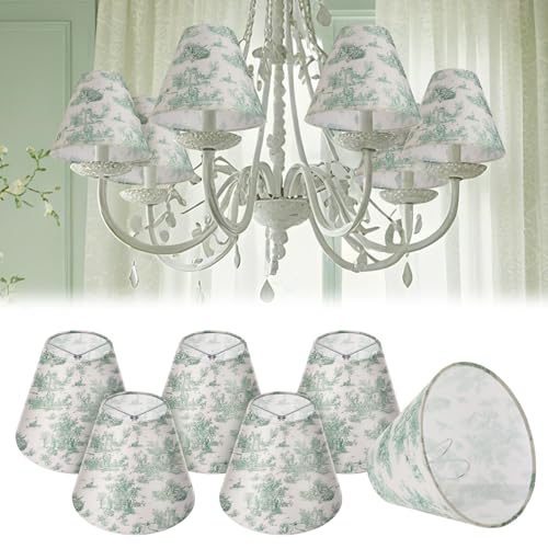 VIHOSE 6 Pcs Chandelier Lamp Shades Small Lamp Shade 3 Top x 6 Bottom x 5 Slant French Countryside Toile Clip on Lampshade for Wall Sconces Pendant LightingCrane and HumanSage Green - Image 1