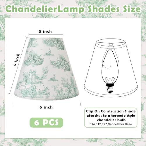 VIHOSE 6 Pcs Chandelier Lamp Shades Small Lamp Shade 3 Top x 6 Bottom x 5 Slant French Countryside Toile Clip on Lampshade for Wall Sconces Pendant LightingCrane and HumanSage Green - Image 3