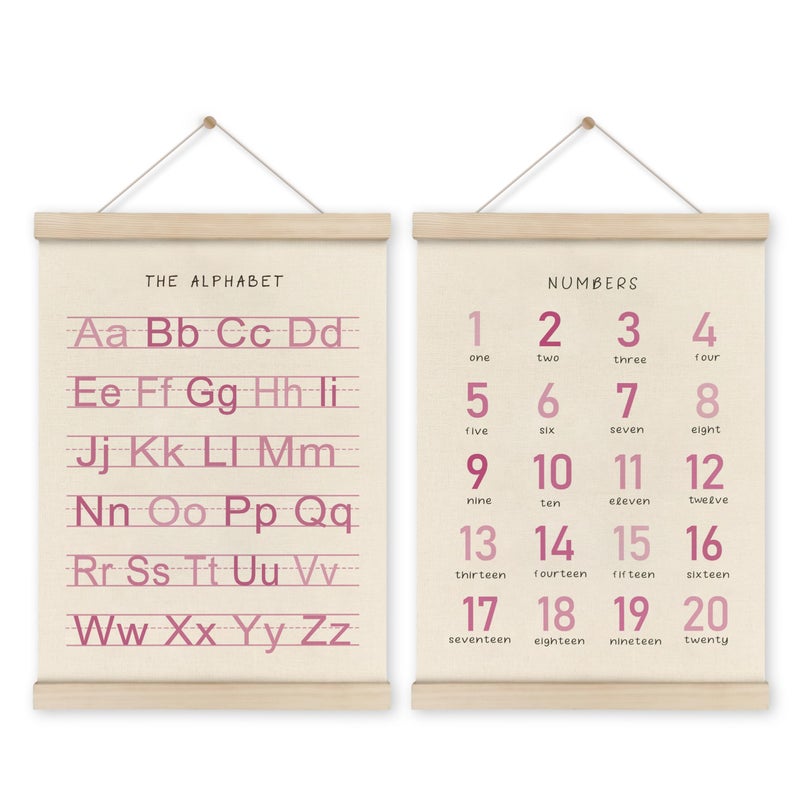 HRQKO Alphabet Numbers Poster Hanger Frame Set of 2  Pink Girls Nursery Wall Decor  ABC Poster Wall Art with Wooden Frames  Pink Alphabet Banner Wall Hanging Decor for Toddler Playroom  12x16 Inch - Image 1