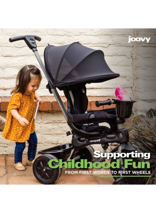 Joovy Tricycoo 4.1 Kids Tricycle with 4-Stages Featuring Extra-Wide Front Tire, Removable and Adjustable Parent Handle, Safety Harness, Machine-Washable Seat Pad, and Retractable Canopy (Black) - Image 4