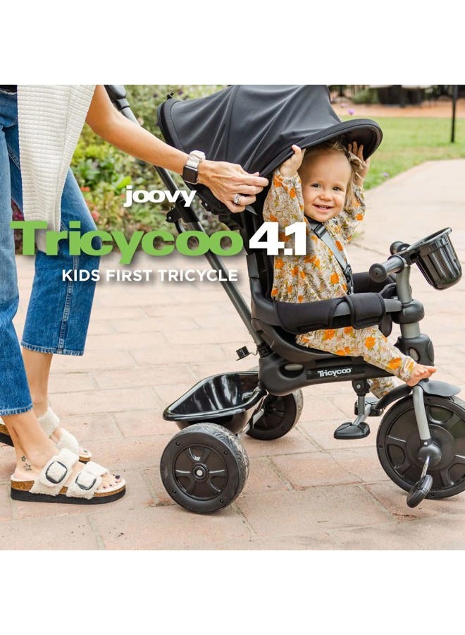 Joovy Tricycoo 4.1 Kids Tricycle with 4-Stages Featuring Extra-Wide Front Tire, Removable and Adjustable Parent Handle, Safety Harness, Machine-Washable Seat Pad, and Retractable Canopy (Black) - Image 2