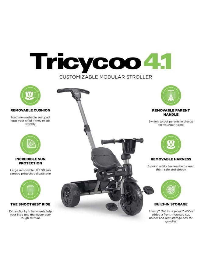 Joovy Tricycoo 4.1 Kids Tricycle with 4-Stages Featuring Extra-Wide Front Tire, Removable and Adjustable Parent Handle, Safety Harness, Machine-Washable Seat Pad, and Retractable Canopy (Black) - Image 5
