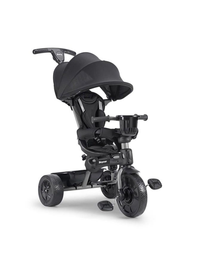 Joovy Tricycoo 4.1 Kids Tricycle with 4-Stages Featuring Extra-Wide Front Tire, Removable and Adjustable Parent Handle, Safety Harness, Machine-Washable Seat Pad, and Retractable Canopy (Black) - Image 1