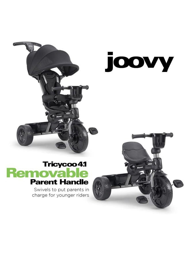 Joovy Tricycoo 4.1 Kids Tricycle with 4-Stages Featuring Extra-Wide Front Tire, Removable and Adjustable Parent Handle, Safety Harness, Machine-Washable Seat Pad, and Retractable Canopy (Black) - Image 3